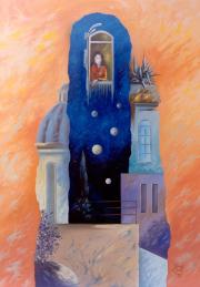 Ablakban, 1999, olaj, farost, 45 x 65 cm