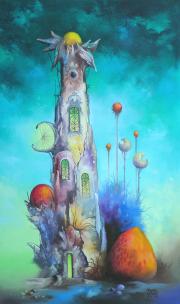 Torony kristályvirágokkal, 2012, olaj, farost, 30 x 50 cm