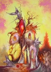 Tűzkorall ház, olaj, farost, 19,5x26,5 cm