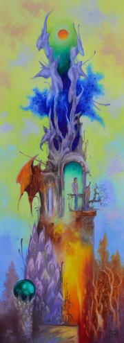 Houses of Helioland (Sun Tower), oil on canvas, 30x80 cm