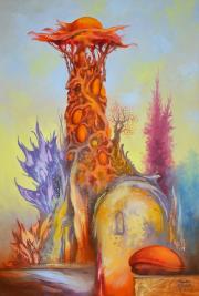 Borostyán torony 1, 2018, olaj, farost, 30x45 cm