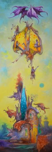 Vándorzenészek, 2020, olaj, farost, 25x70 cm