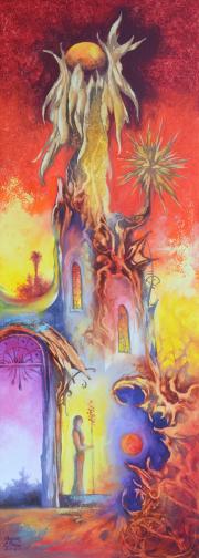 Tűzvarázsló, 2020, olaj, farost, 25x70 cm