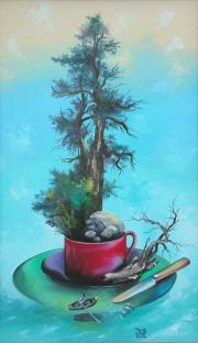 Titánok reggelijének szigete, 2004, olaj, farost, 30 x 50 cm